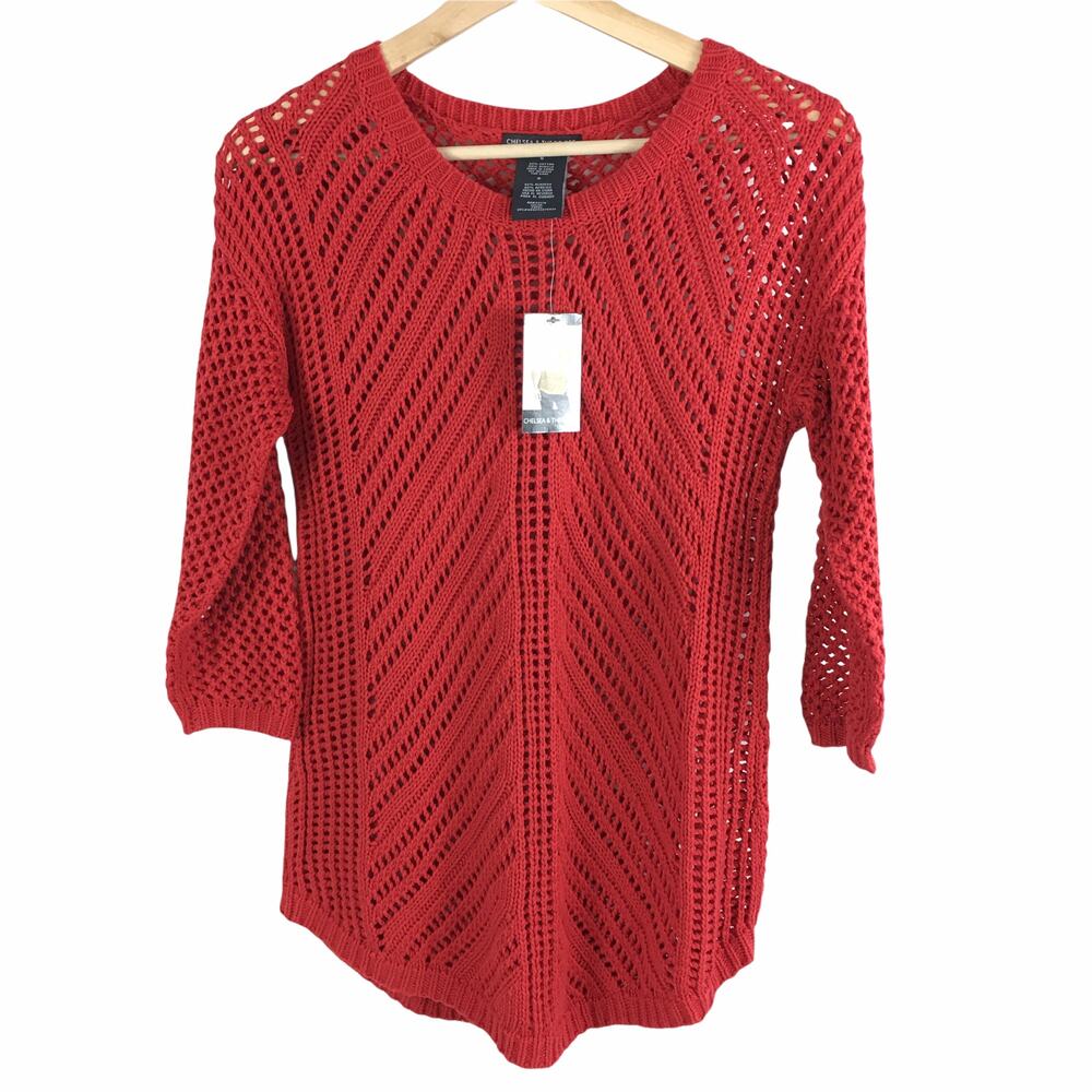 NWT Chelsea and Theodore Red  Crochet Sweater Small